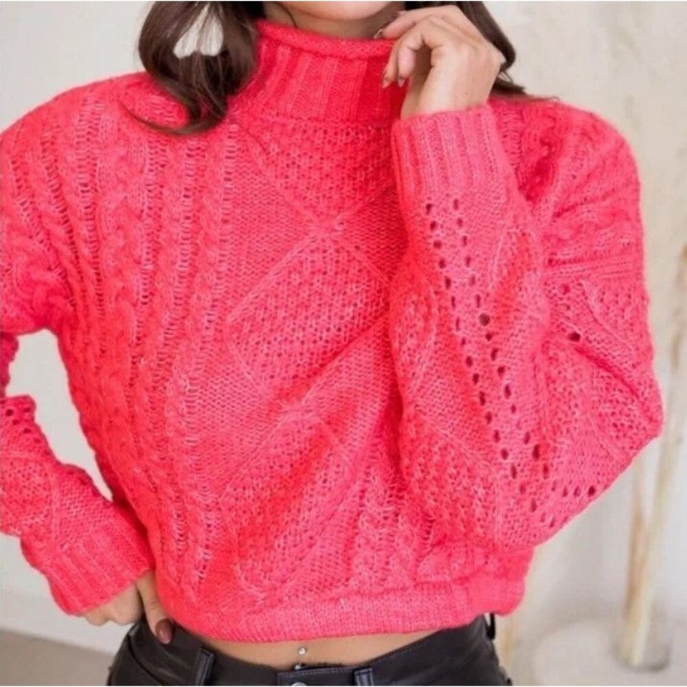 Sanctuary Womens Cozy Up Cropped Cable Knit Sweater in Red Size L   12049